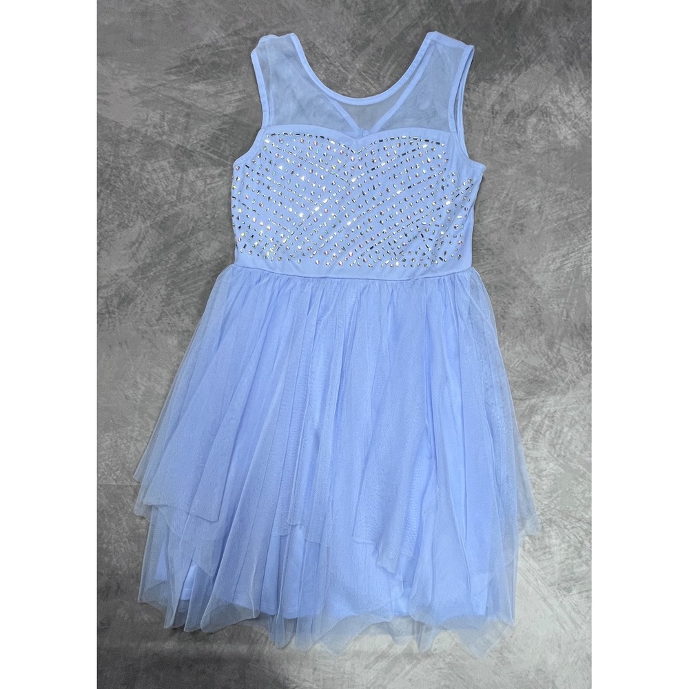 Beautees Tulle Dress Girls 12 Blue Rhinestones Periwinkle Sleeveless Back Zip